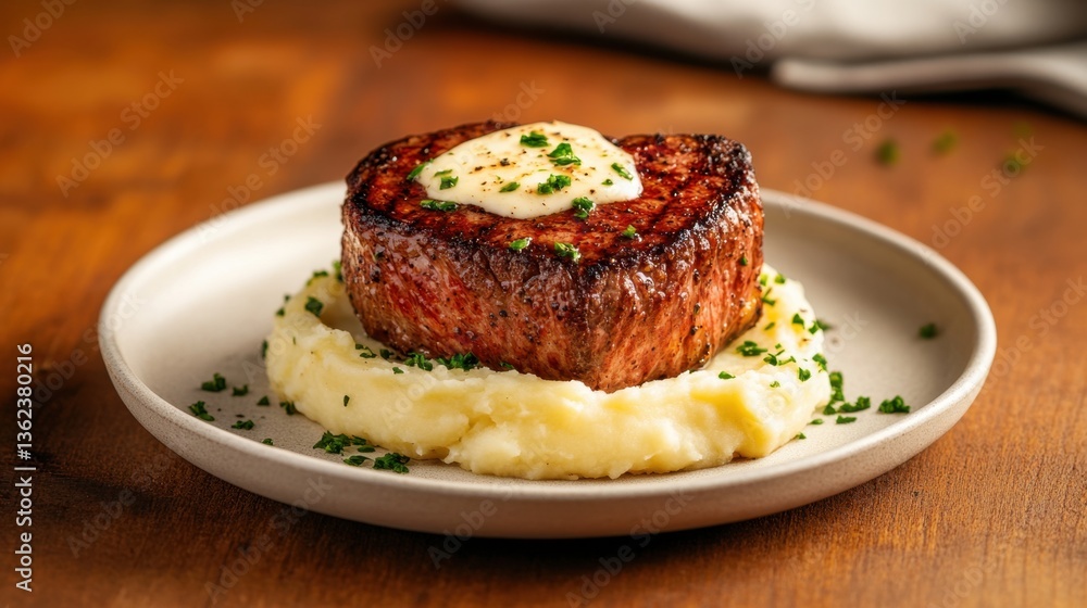 Deliciously Grilled Steak on Creamy Mashed Potatoes with Herb Butter Garnish in a Warm Rustic Setting for Food Lovers and Culinary Enthusiasts Deliciously Grilled Steak on Creamy Mashed Potatoes with Herb Butter Garnish in a Warm Rustic Setting for Food Lovers and Culinary Enthusiasts