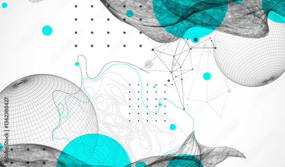 Science fiction background. Abstract image of wireframe wave and sphere with plexus effect.