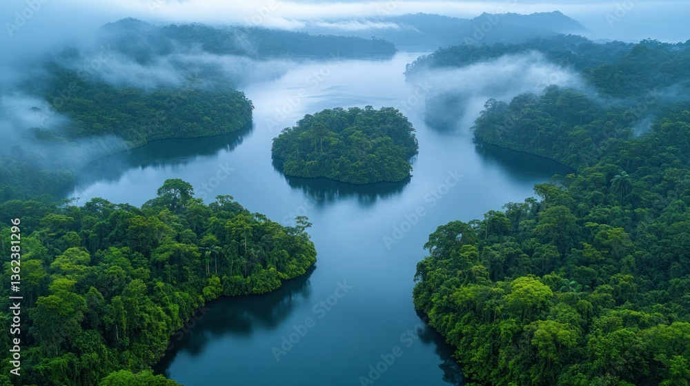 Misty rainforest lake, tranquil islands Misty rainforest lake, tranquil islands