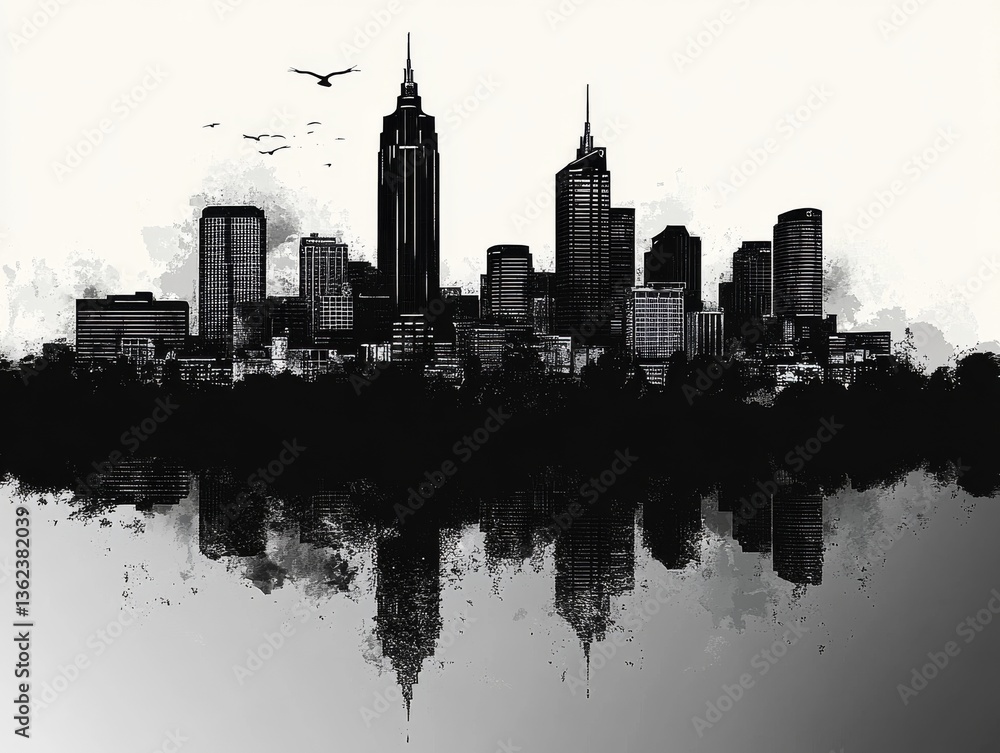 Obraz premium Monochromatic Metropolis: A Striking Black and White Cityscape with Towering Skyscrapers, Reflected Silhouettes, and Avian Sentinels Against a Minimalist Sky