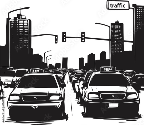 Vector Traffic Jam, City Street Full of Cars Illustration.