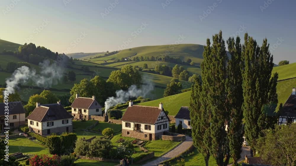 Aerial view of a quaint village with smoke rising from chimneys, surrounded by lush hills, evoking a serene countryside video scene. Aerial view of a quaint village with smoke rising from chimneys, surrounded by lush hills, evoking a serene countryside video scene.