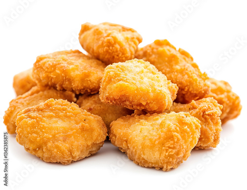 chicken nuggets on white background, Golden crispy chicken nuggets, pile of breaded meat bites, fast food delicacy, saturated colors, high contrast, white background, studio lighting