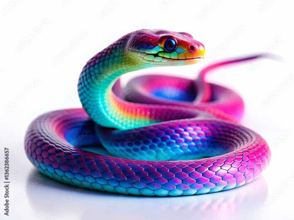 Fototapeta premium Vibrant Neon Snake Isolated on White Background - Night Photography Stock Image