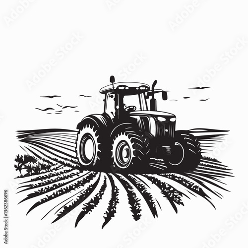 Farm tractor working in a field image vector isolated on white background.