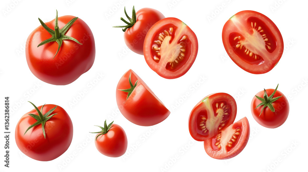 Tomato Medley: A vibrant collection of ripe tomatoes, whole and sliced, showcasing their juicy interiors and natural textures, representing freshness. Tomato Medley: A vibrant collection of ripe tomatoes, whole and sliced, showcasing their juicy interiors and natural textures, representing freshness.