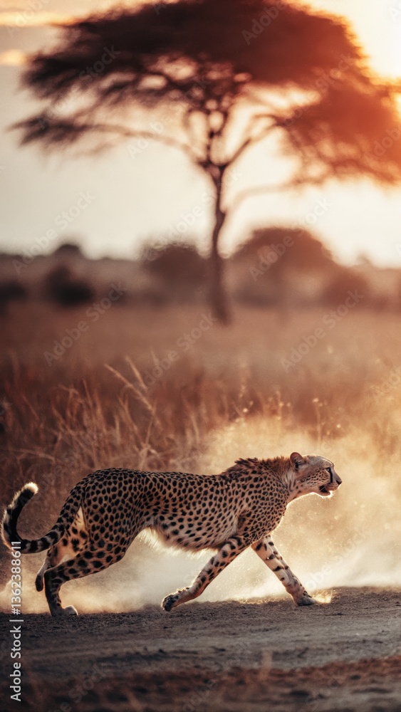 Obraz premium Wild cheetah running full speed on golden savanna at dusk