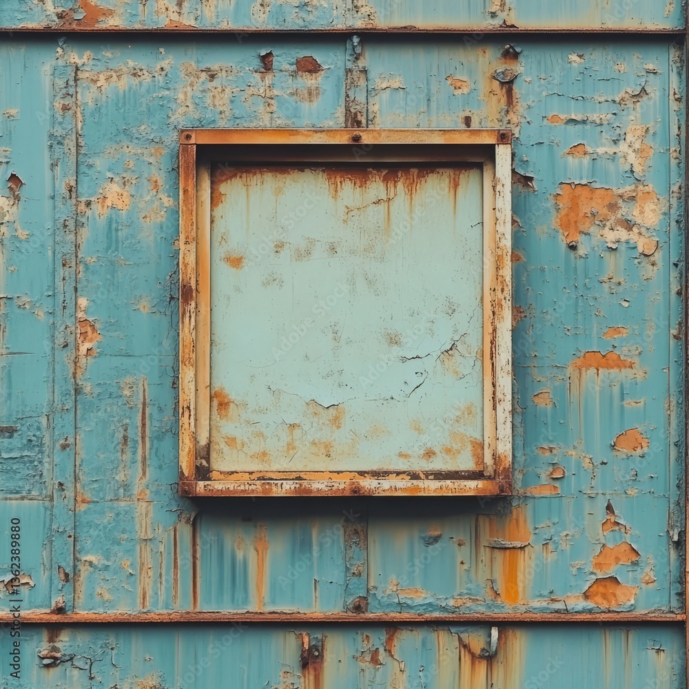 Naklejka premium Poster frame isolated on a rust-covered industrial building wall, grunge aesthetic