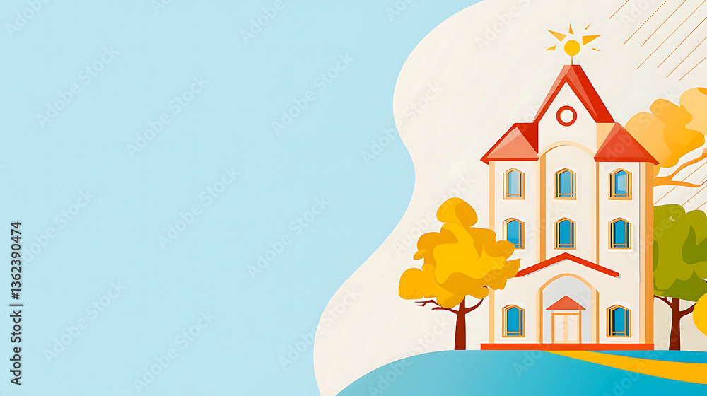 colorful illustration of whimsical building with sun top, surrounded by trees and blue background, evokes cheerful atmosphere colorful illustration of whimsical building with sun top, surrounded by trees and blue background, evokes cheerful atmosphere
