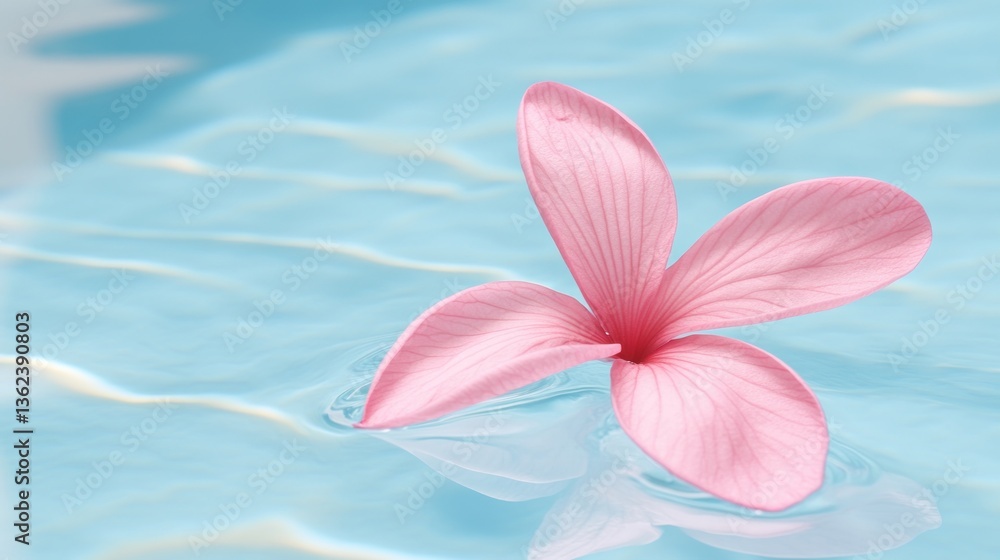 Pink flower floating in blue water, creating gentle ripples. Background with sunlit water reflection Pink flower floating in blue water, creating gentle ripples. Background with sunlit water reflection