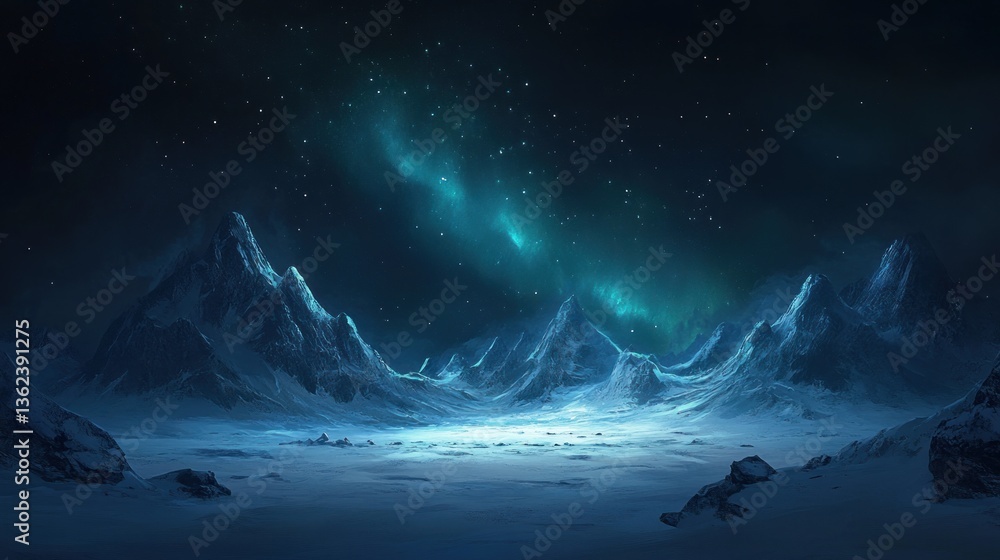 Fototapeta premium Mystical aurora borealis illuminates frozen mountains and serene night