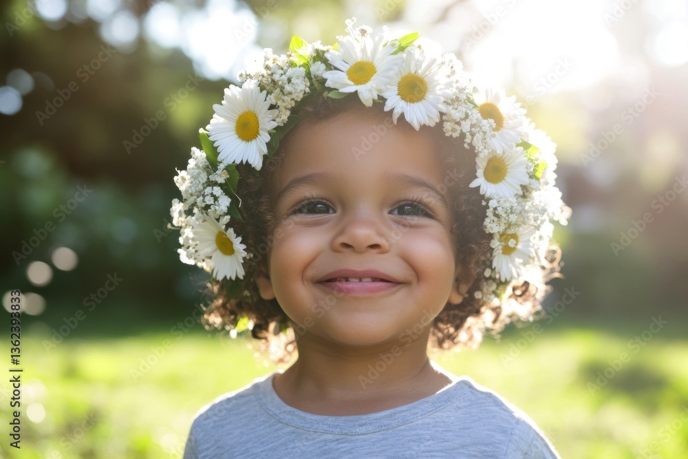 Smiling mixed-race toddler boy with tt hair wearing white flower crown on his head. Soft daylight. Happy sunny days holidays idea. Joyful boy in a blooming meadow. Boy celebrating summer. Smiling mixed-race toddler boy with tt hair wearing white flower crown on his head. Soft daylight. Happy sunny days holidays idea. Joyful boy in a blooming meadow. Boy celebrating summer.
