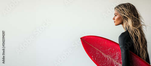 Woman surfer with surfboard isolated on white background, banner with copy space