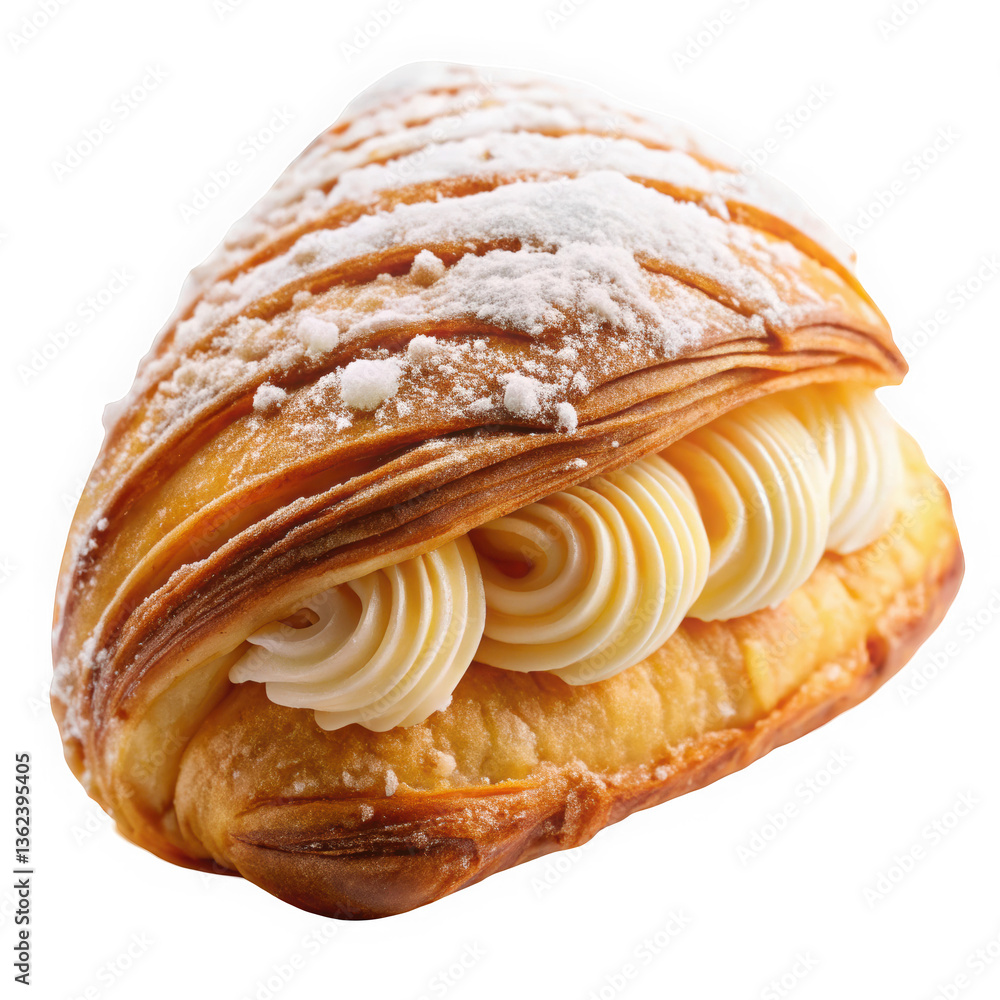 Fototapeta premium Delicious pastry filled with creamy frosting, dusted with powdered sugar. A perfect treat for dessert lovers.