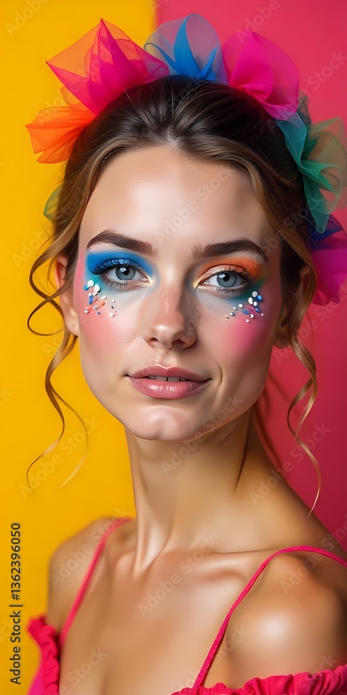 Obraz premium Elegant woman with glamorous makeup and blonde hairstyle, showcasing beauty and fashion in a close-up portrait