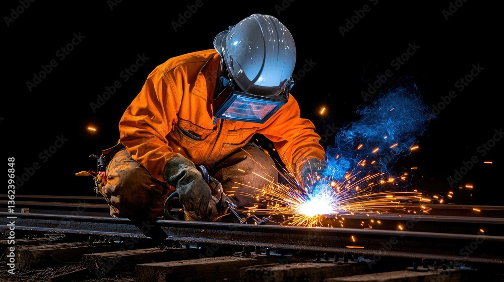 Intense Nighttime Railway Welding Intense Nighttime Railway Welding