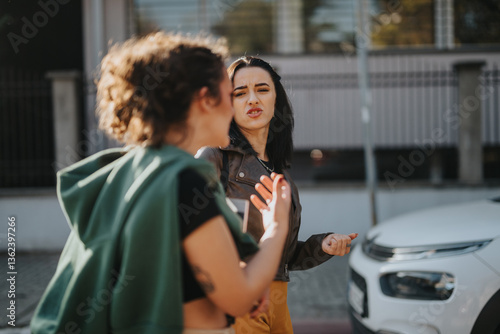 Papier peint Two women appear to be engaged in an emotional and intense discussion outdoors in a city setting