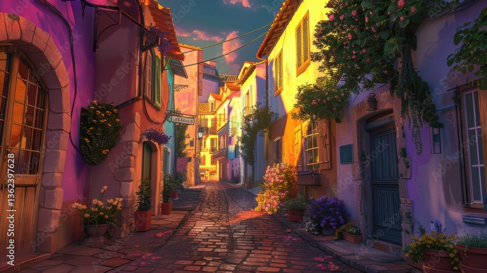Fototapeta premium A charming European village at dusk, colorful houses lining narrow streets, cobblestone roads, and a soft golden light