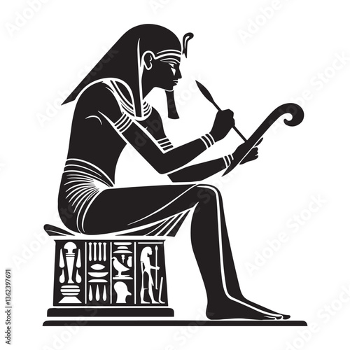 Dedicated Egyptian Scribe silhouette, preserving pharaonic tales - Egyptian scribe illustration - Egyptian scribe vector - Egyptian silhouette

