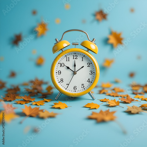 Daylight Saving Time ends , with clocks turning back, autumn leaves falling on blue background
