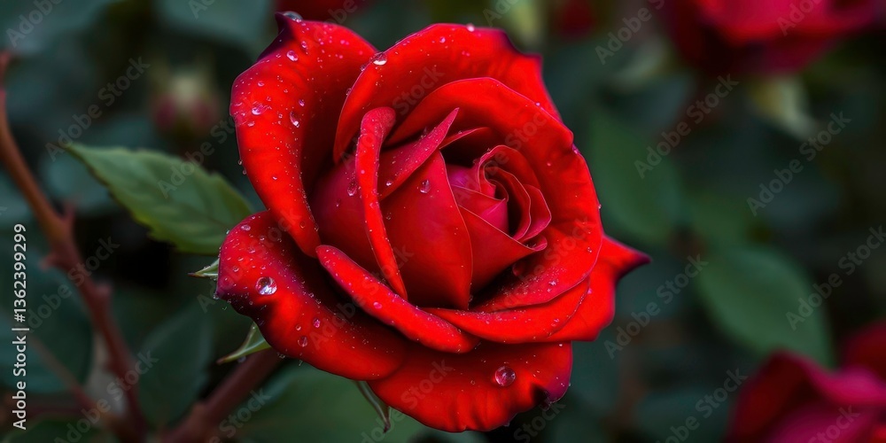 Obraz premium A velvety red rose, glistening with dew drops, flower, background