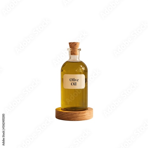 Elegant glass bottle of olive oil with cork stopper on a wooden base