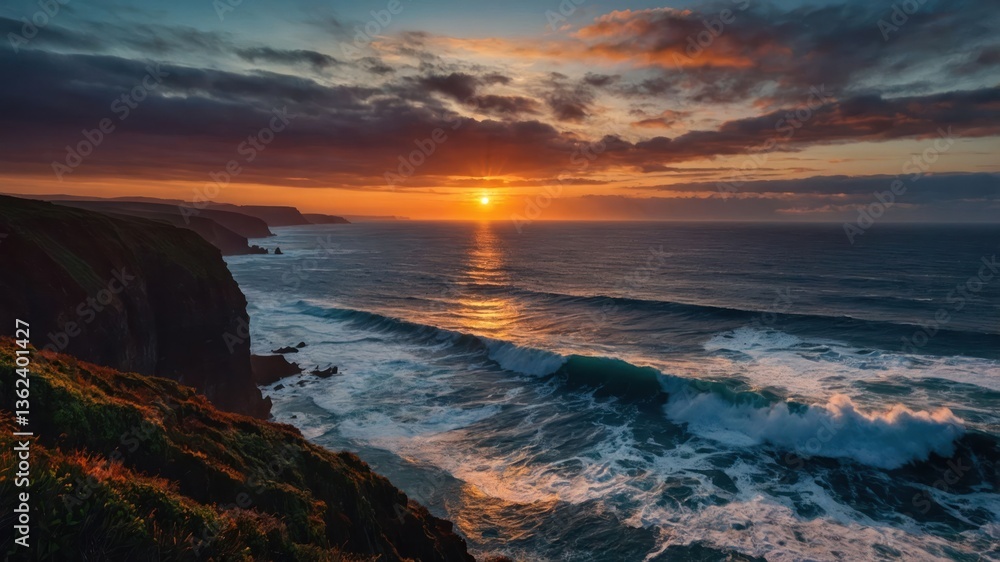 Obraz premium A stunning sunset over the ocean, with waves crashing against the cliffs.