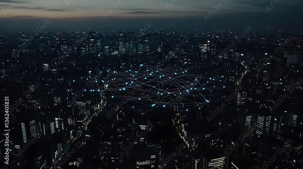 Fototapeta premium Digital network lines connecting above an urban metropolis at night