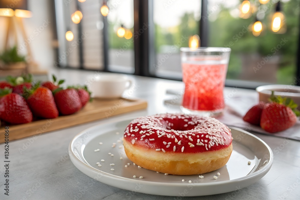 Delicious Strawberry Glaze Donut with Sprinkles on a Plate Delicious Strawberry Glaze Donut with Sprinkles on a Plate