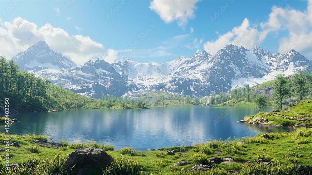 Photorealistic mountain landscape with clear lakes, green meadows, and snow-capped peaks in bright daylight
Photorealistic mountain landscape with clear lakes, green meadows, and snow-capped peaks in bright daylight