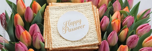 HAPPY PASSOVER GREETING WITH MATZAH AND TULIPS – JEWISH HOLIDAY CELEBRATION BACKGROUND WITH TRADITIONAL UNLEAVENED BREAD AND FESTIVE DECORATIONS FOR PESACH DAY