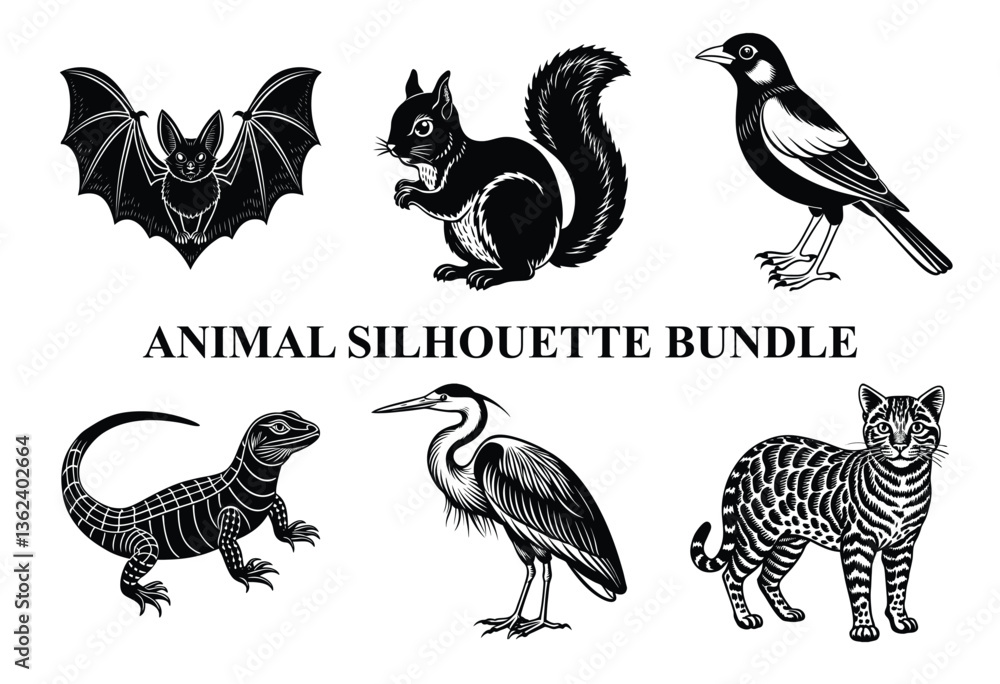 Obraz premium Wild Animal Silhouette Bundle | Safari Wildlife Clipart | Jungle Predator Vector