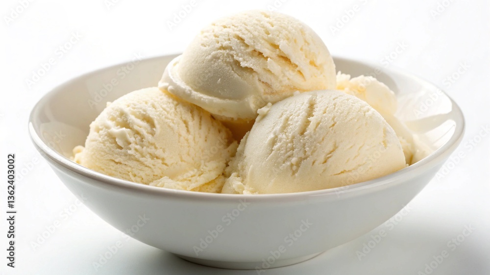 Vanilla ice cream in bowl on white Vanilla ice cream in bowl on white