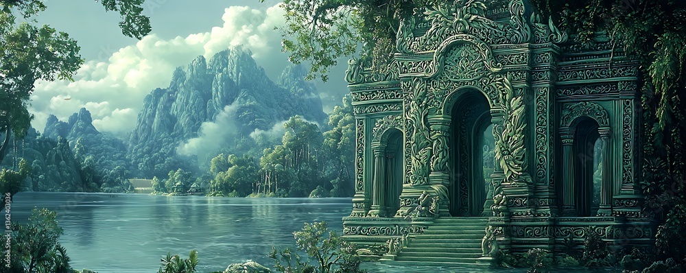 Obraz premium Enchanting ancient ruins by a serene lake, surrounded by lush greenery and misty mountains.