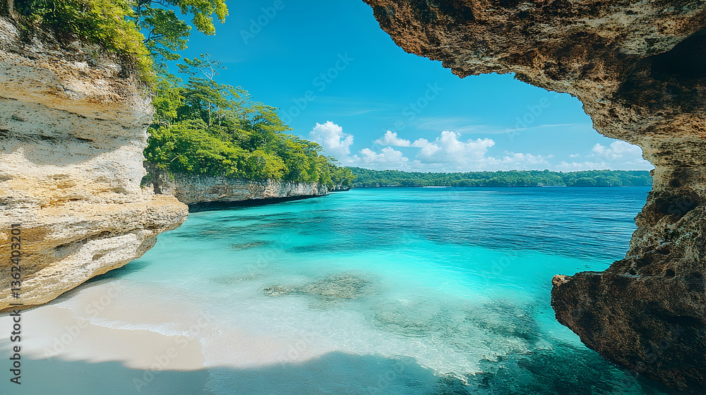 Fototapeta premium A serene cove is revealed framed by rocky cliffs Turquoise water meets a white sandy beach under a clear blue sky lus