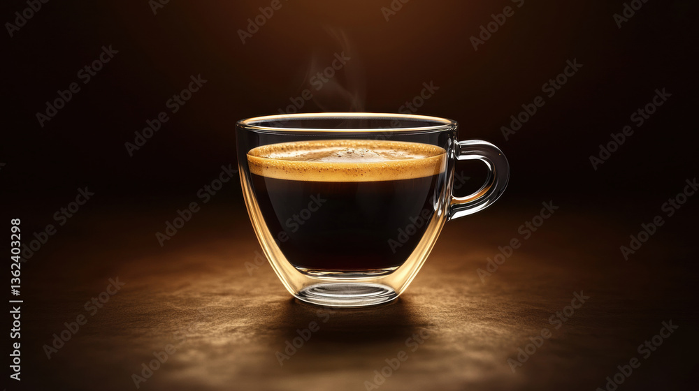 Aromatic hot espresso in clear glass cup, showcasing rich crema and steam. Perfect for coffee lovers Aromatic hot espresso in clear glass cup, showcasing rich crema and steam. Perfect for coffee lovers