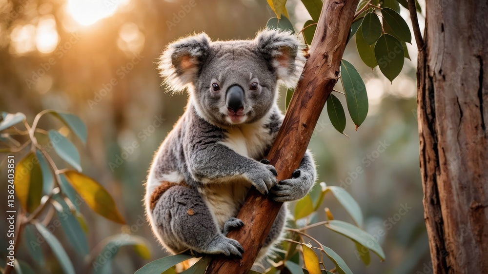 Fototapeta premium A koala clings to a tree branch surrounded by green leaves in a natural setting.