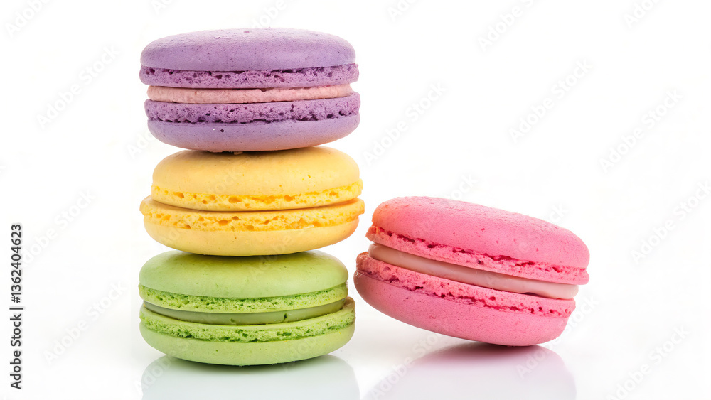 A visually appealing stack of brightly colored French macarons on a clean white background, emphasizing their delicate texture. A visually appealing stack of brightly colored French macarons on a clean white background, emphasizing their delicate texture.