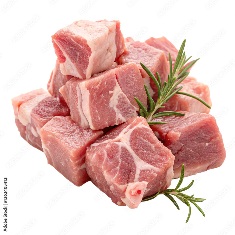 fresh raw meat cubes isolated on transparent background png, marbled beef cubes with rosemary fresh raw meat cubes isolated on transparent background png, marbled beef cubes with rosemary