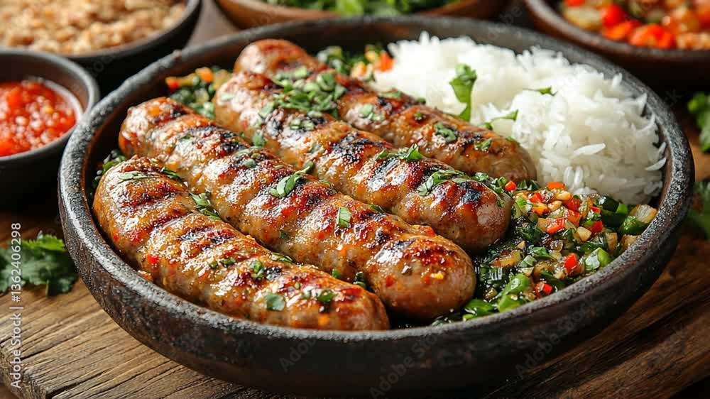 Grilled sausages with rice and vegetables, served on a platter. Possible use Food photography, cooking blog, restaurant menu Grilled sausages with rice and vegetables, served on a platter. Possible use Food photography, cooking blog, restaurant menu