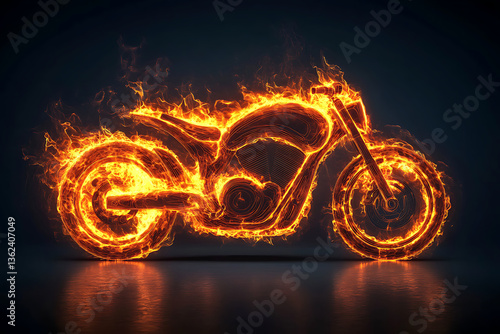 Fiery motorcycle silhouette surrounded by flames against a dark background, showcasing dynamic energy