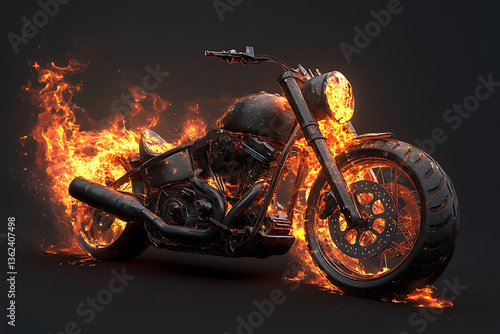 A fiery motorcycle with flames engulfing it, set against a dark backdrop, showcasing raw power