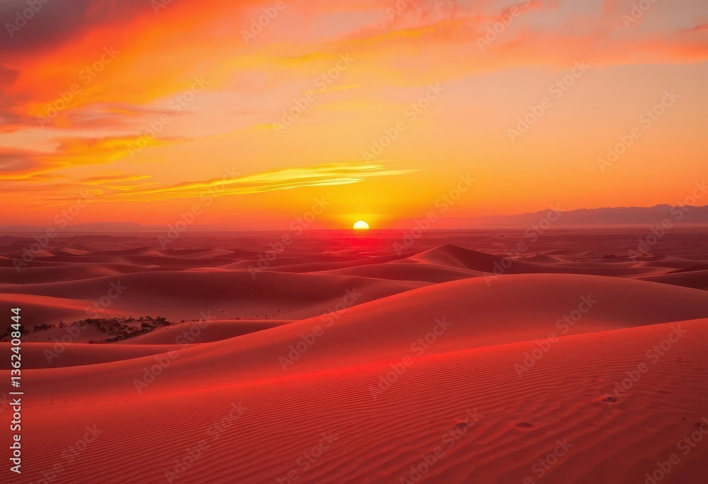 Fiery orange and purple hues paint the vast, sand-swept desert landscape as the sun dips below the horizon, epic, vibrant Fiery orange and purple hues paint the vast, sand-swept desert landscape as the sun dips below the horizon, epic, vibrant