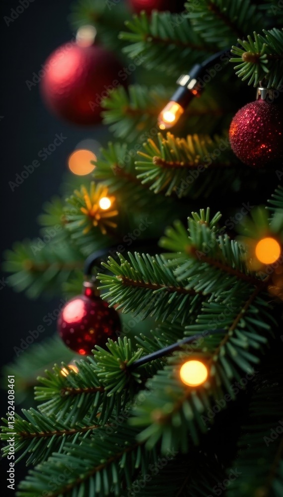 Close-up of shimmering lights on vibrant pine boughs, holiday scene , conifer, shimmering Close-up of shimmering lights on vibrant pine boughs, holiday scene , conifer, shimmering