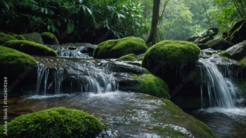 A serene forest stream with moss-covered rocks and gentle waterfalls. A serene forest stream with moss-covered rocks and gentle waterfalls.