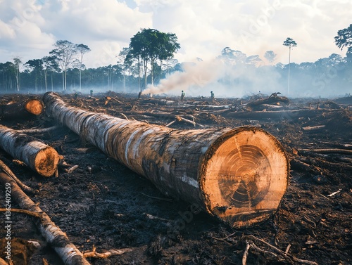 Large Tree Log Lies on Clearcut Area of Amazon Rainforest