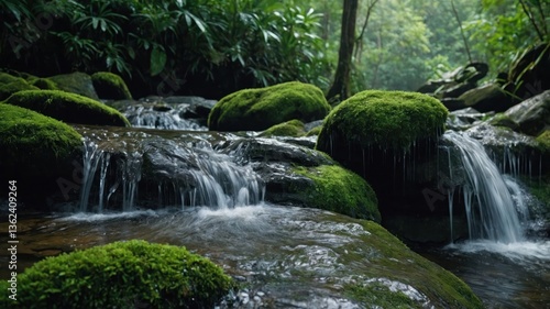 A serene forest stream with moss-covered rocks and gentle waterfalls.