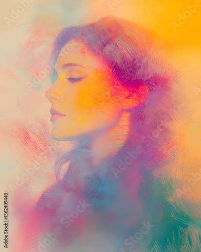 Colorful abstract portrait of a serene woman with gentle features captured in soft hues