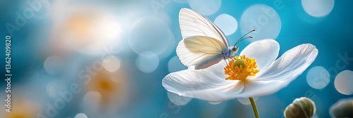 Butterfly perched on a white flower under soft blue light in a tranquil garden setting during springtime