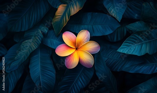 Colorful flower blooms among dark green leaves in a tranquil garden setting